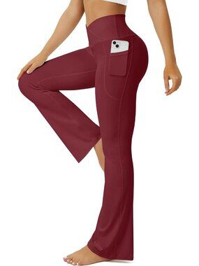 Women's Wine Red Crossover High Waisted Imported Pull On Flare Bootcut Yoga Pant